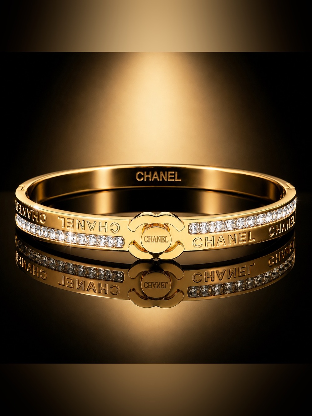 Gold Crystal CC Logo Hinged Bangle Bracelet - Picture 4 of 9